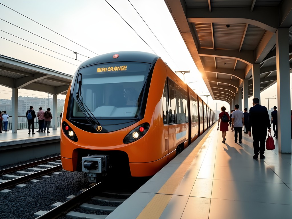 Modern Orange Line Metro train arriving at station in Lahore with passengers waiting