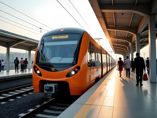 Modern Orange Line Metro train arriving at station in Lahore with passengers waiting
