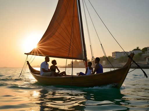 Family enjoying sunset cruise on traditional wooden dhow sailboat in Lamu