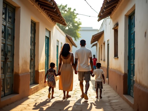 Family exploring narrow streets of Lamu Old Town on foot