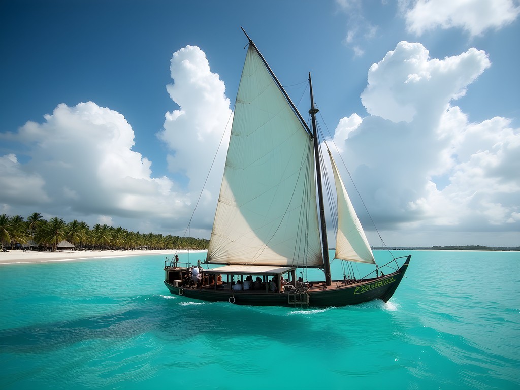 Traditional dhow boat sailing between islands in Lamu Archipelago