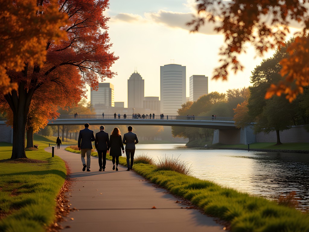 Business travelers walking along Lansing's scenic River Trail