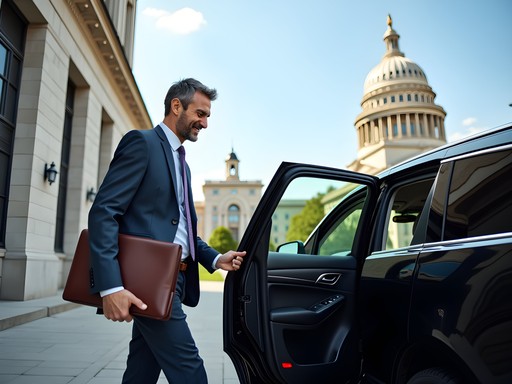 Business traveler entering rideshare vehicle near Michigan State Capitol