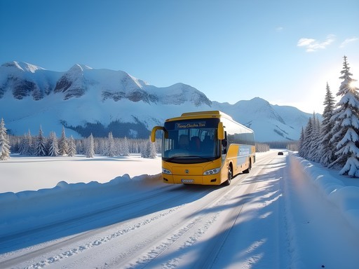 Regional bus navigating a snow-covered road in Swedish Lapland with mountains in background
