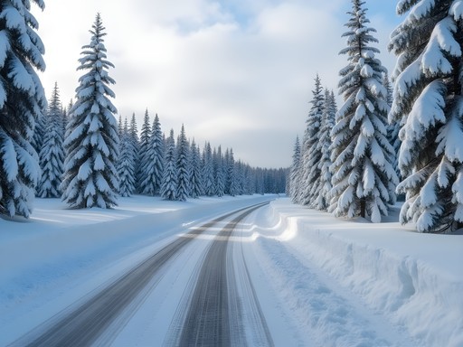 Snow-covered road in Swedish Lapland with vehicle tracks and forest surroundings