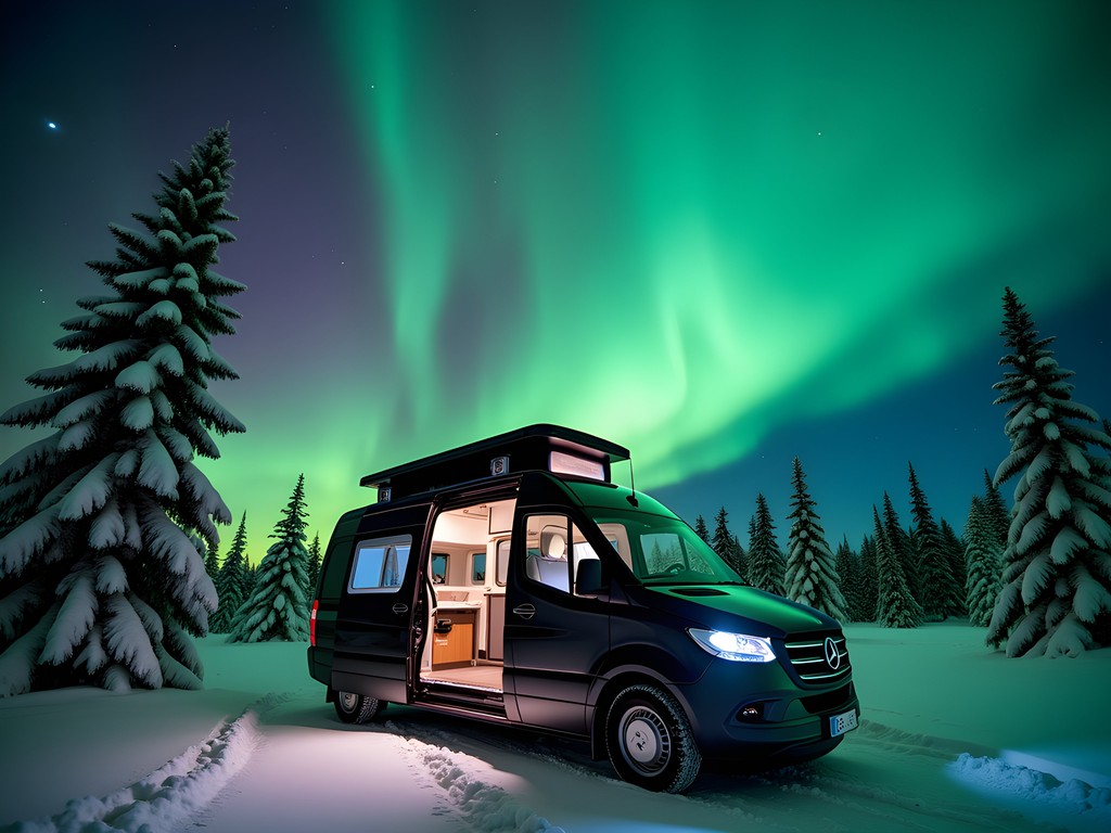 Specialized northern lights viewing vehicle parked under active aurora borealis in Lapland