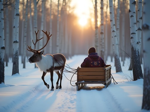Traditional reindeer sledding experience through snowy forest in Swedish Lapland