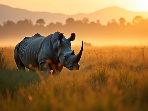 One-horned rhinoceros in natural grassland habitat of Chitwan National Park