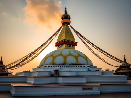 Boudhanath Stupa at dawn with early morning light and few tourists