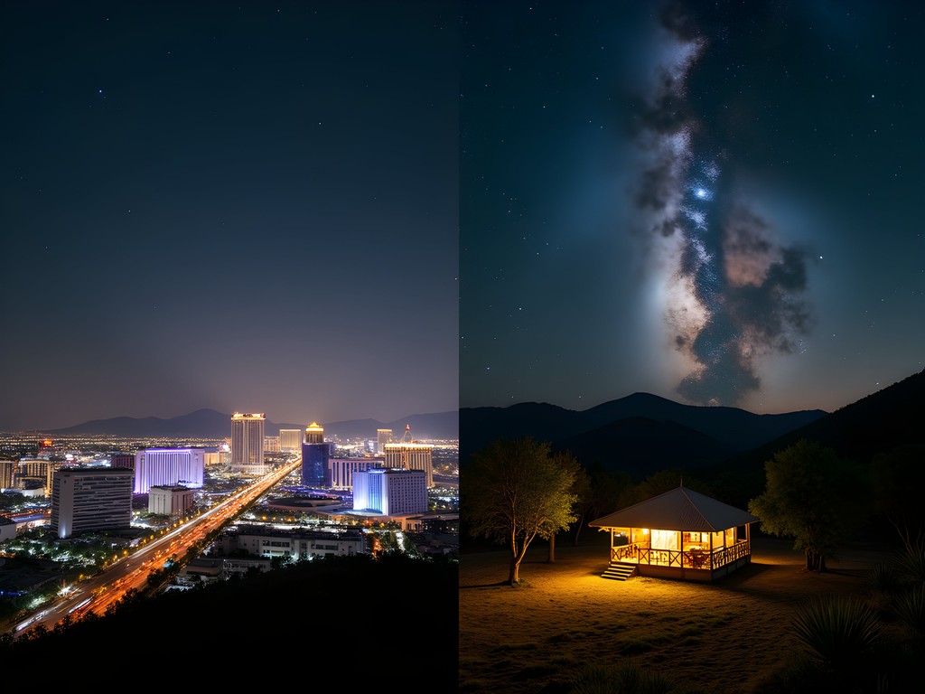 Split image showing Las Vegas light pollution versus Chitwan's pristine night sky