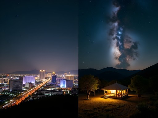 Split image showing Las Vegas light pollution versus Chitwan's pristine night sky
