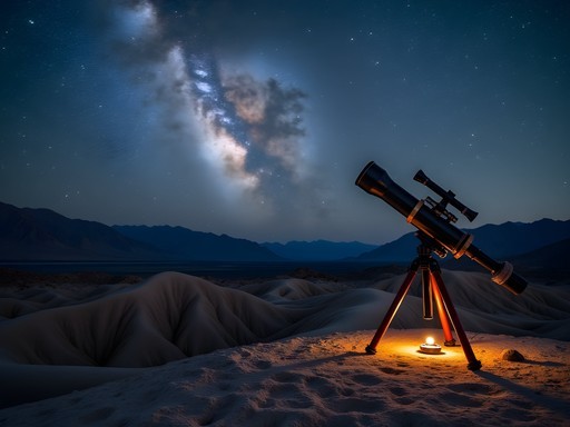 Stargazing setup with telescope against Death Valley landscape at night with Milky Way visible