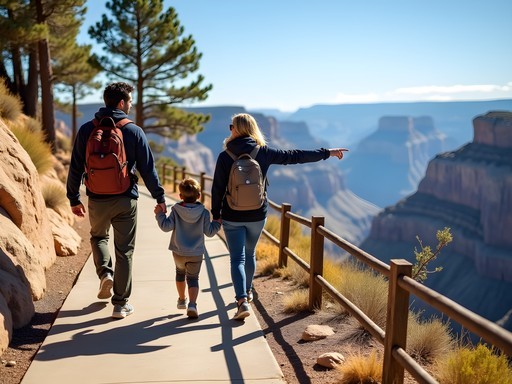 Family walking along Grand Canyon Rim Trail with children pointing at canyon views