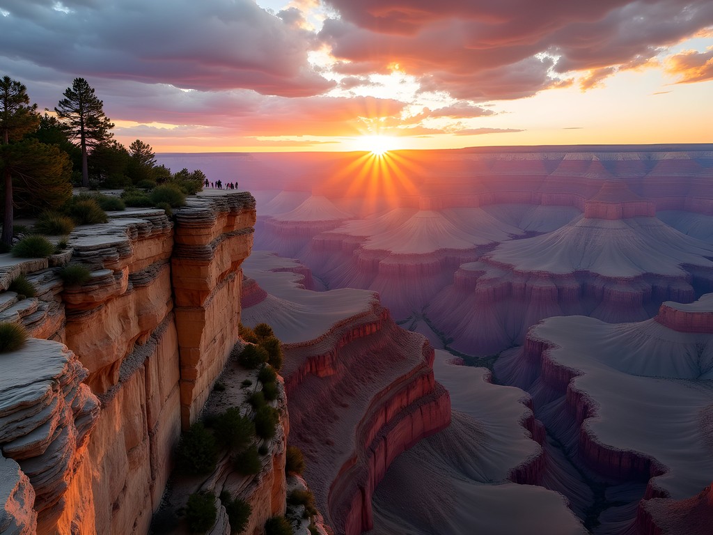 Golden sunset light illuminating Grand Canyon rock formations in autumn