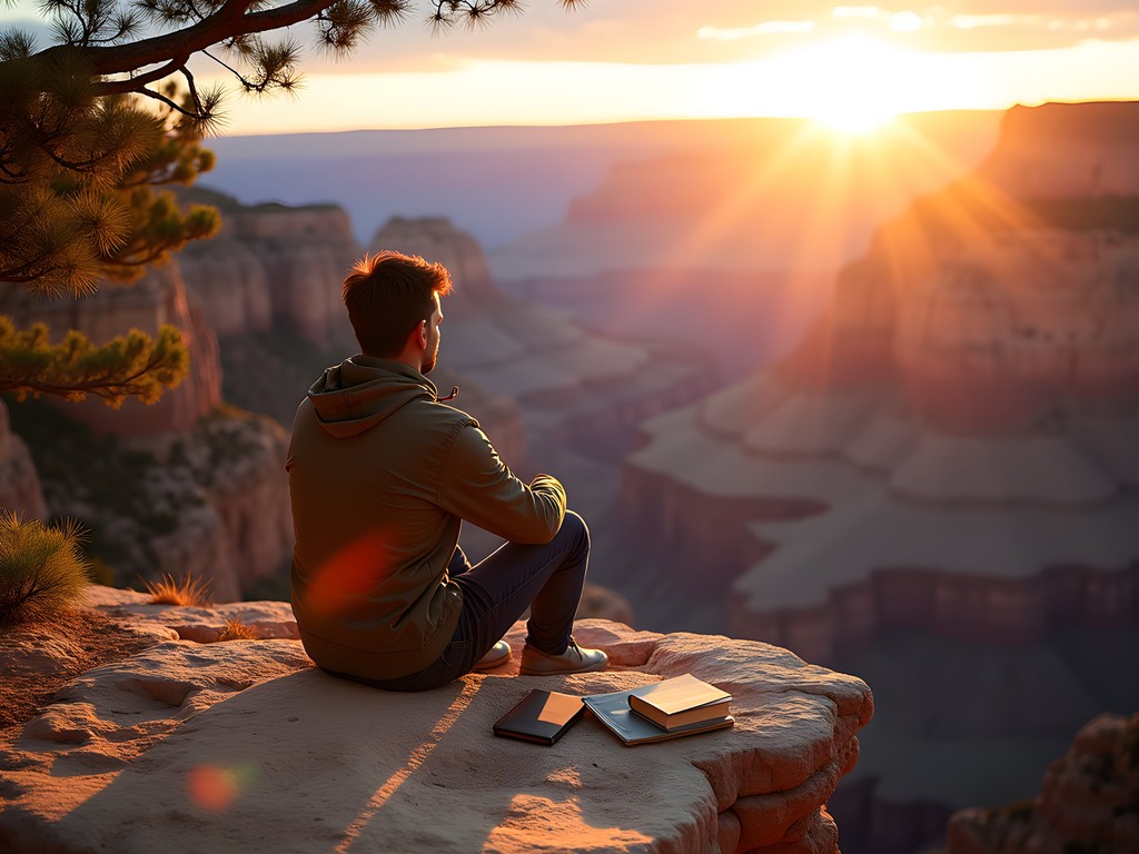 Person sitting in meditation pose overlooking Grand Canyon at sunset
