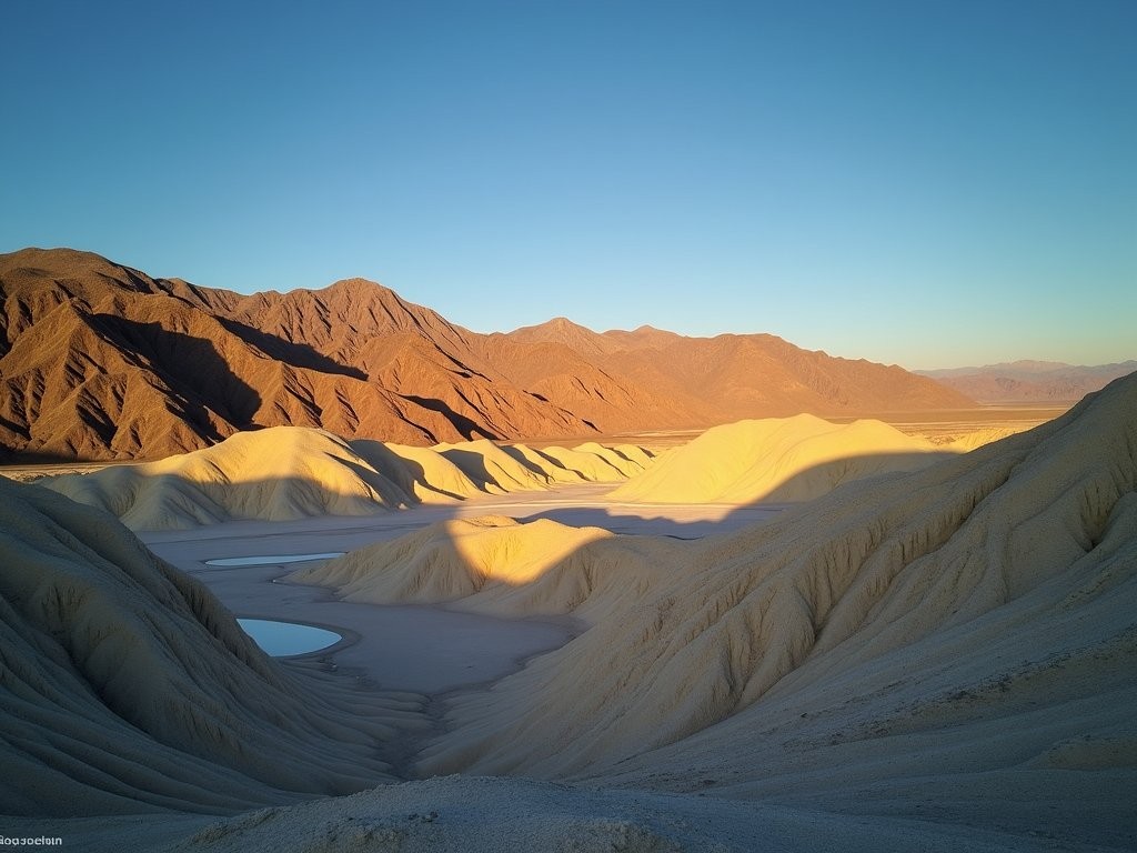 Sunrise at Zabriskie Point in Death Valley showing golden erosional landscape