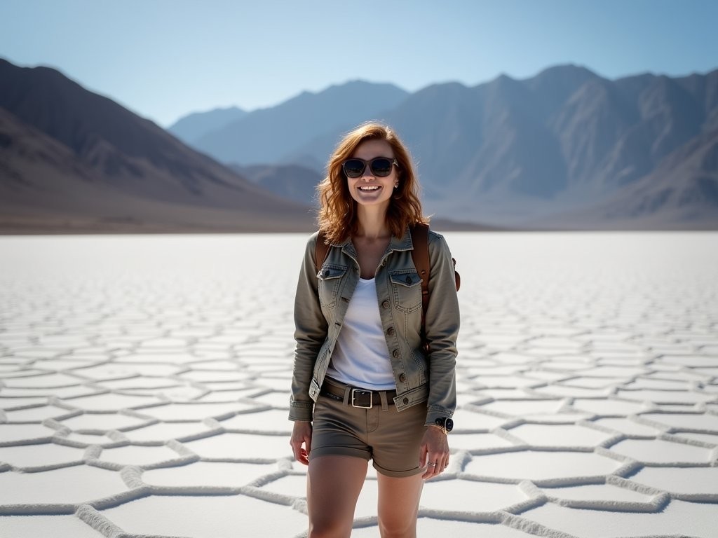 Woman standing on Badwater Basin salt flats in Death Valley