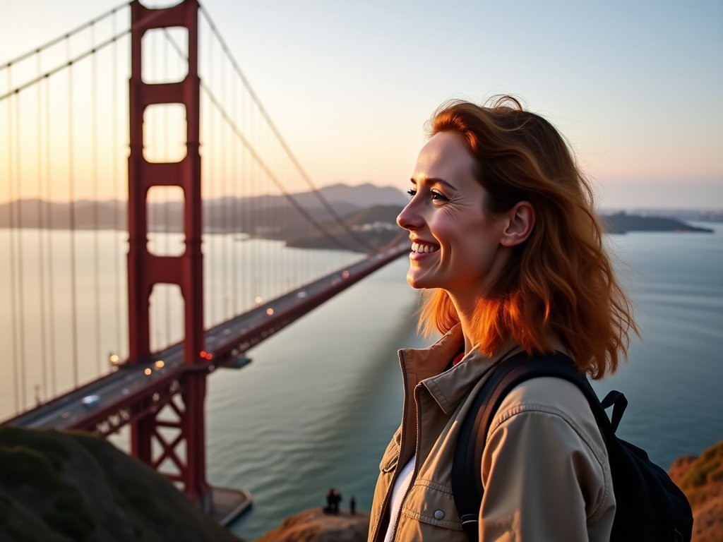 Woman standing at Golden Gate Bridge vista point with San Francisco skyline in background
