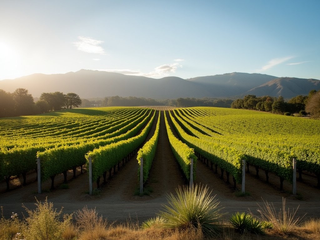 Lush green vineyard rows in Napa Valley during spring with mountains in background
