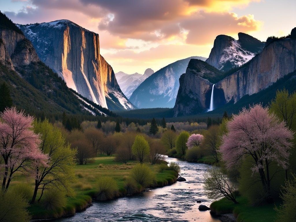 Classic Tunnel View of Yosemite Valley in spring with waterfalls flowing