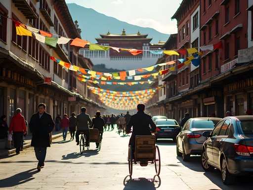 Busy Barkhor Street showing local transportation options in Lhasa's historic center