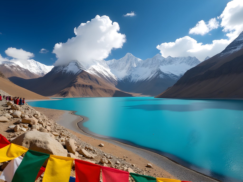 Stunning turquoise waters of Lake Namtso with prayer flags and snow-capped mountains