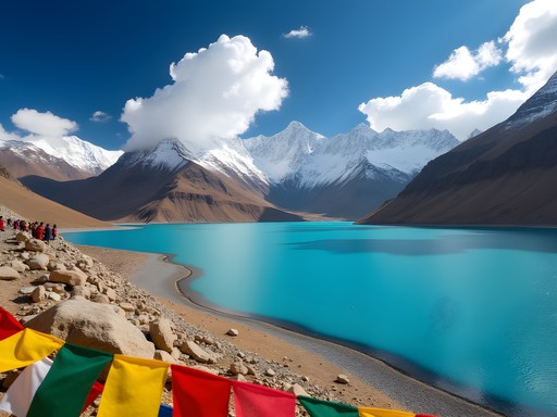 Stunning turquoise waters of Lake Namtso with prayer flags and snow-capped mountains