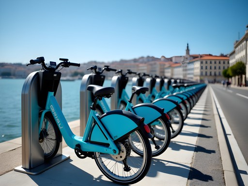 GIRA electric bike sharing station in Lisbon with Tagus River view