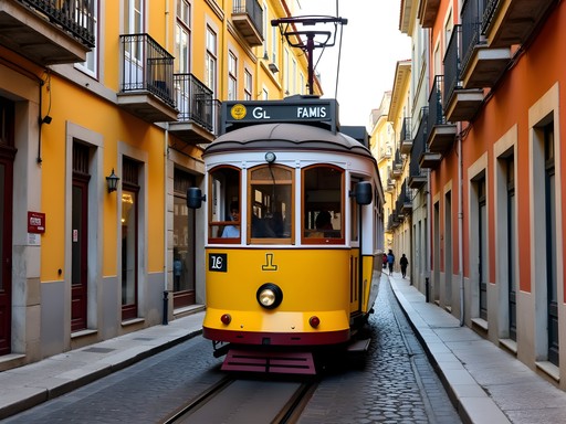 Historic yellow Tram 28 navigating narrow streets in Lisbon's Alfama district
