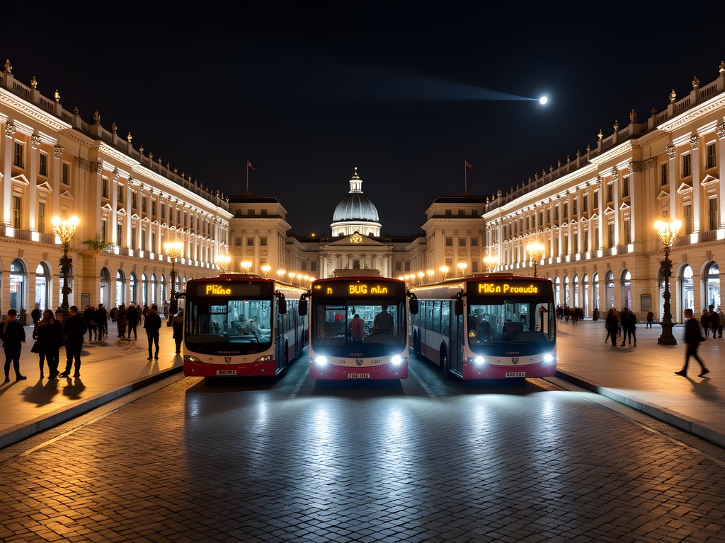 Rome's night bus terminal at Piazza Venezia illuminated at night
