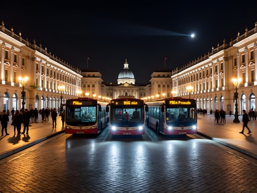 Rome's night bus terminal at Piazza Venezia illuminated at night