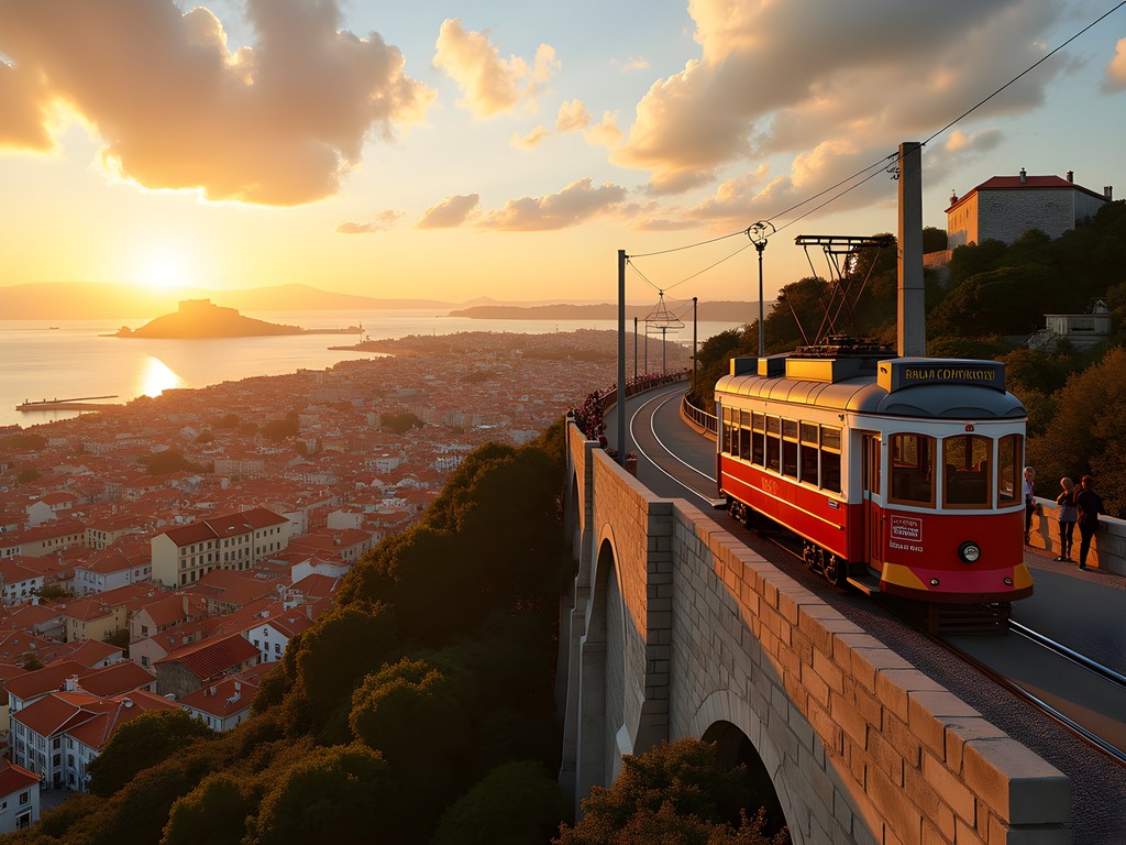 Woman enjoying sunset view over Lisbon from São Pedro de Alcântara viewpoint