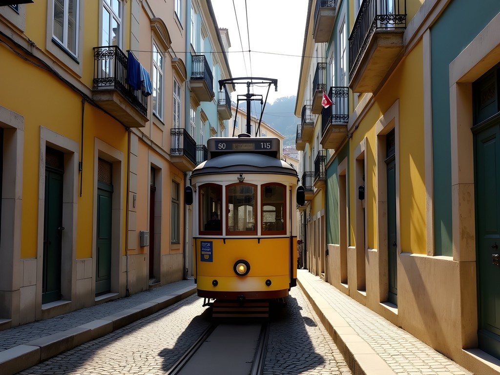 Ascensor da Bica funicular climbing steep Lisbon street with residential buildings