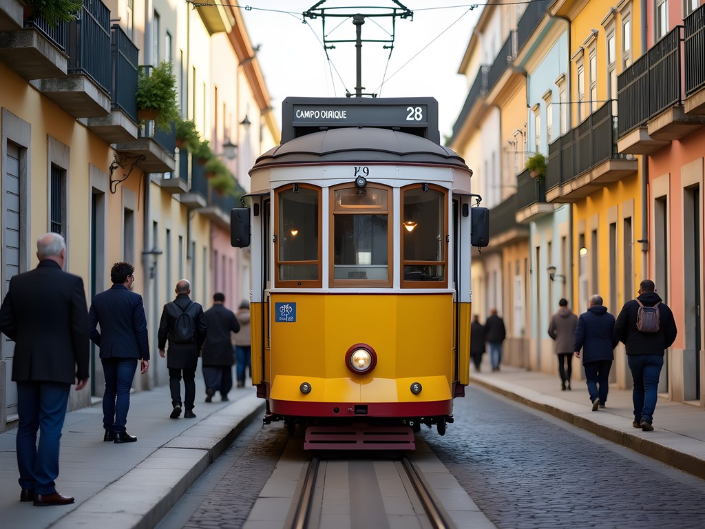 Yellow Tram 28 at uncrowded Campo Ourique stop in Lisbon