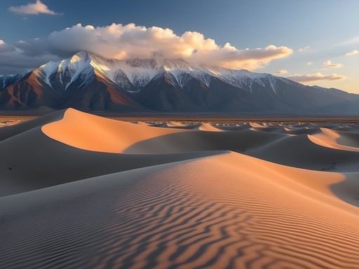 Woman hiking across rippled sand dunes with mountains in background