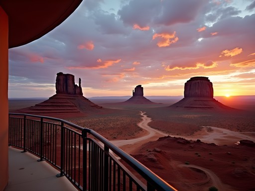 Dramatic sunrise view of Monument Valley buttes from hotel balcony