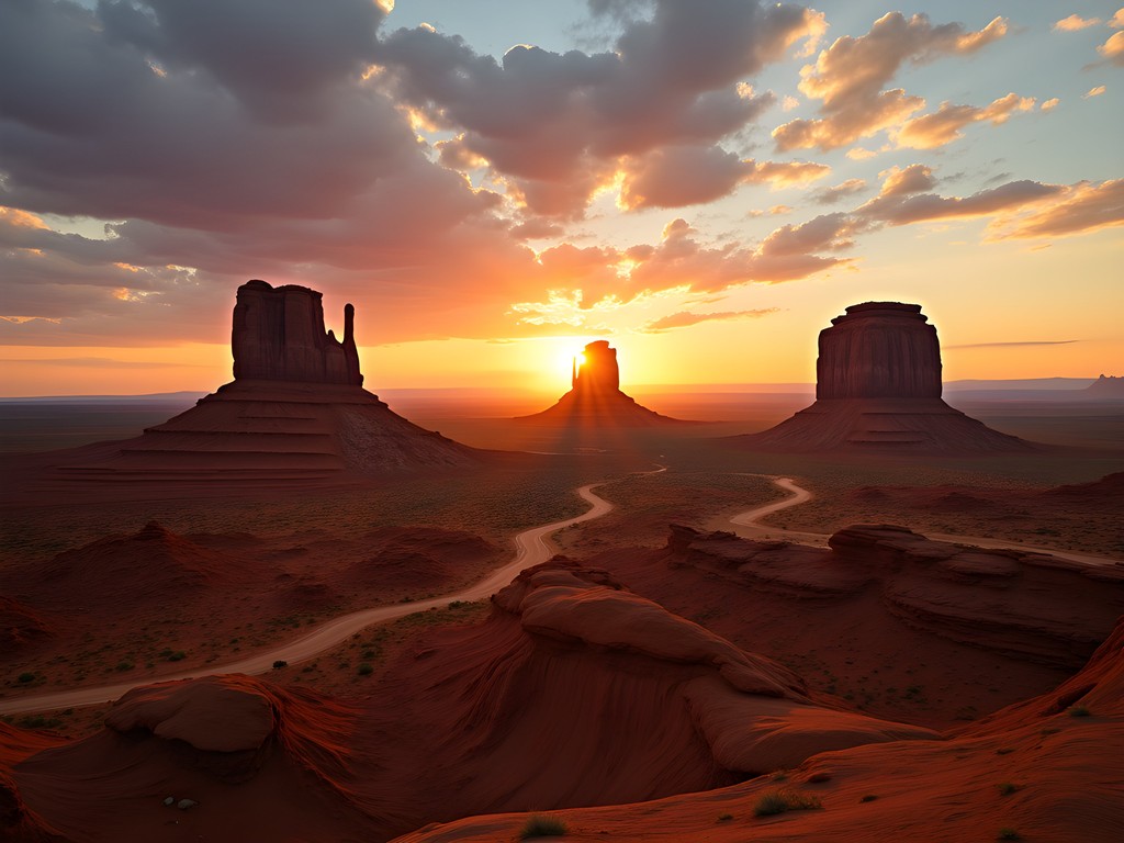 Woman meditating at sunrise with Monument Valley buttes in background