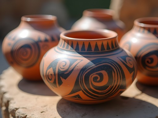 Close-up of traditional Pueblo pottery showing intricate geometric patterns