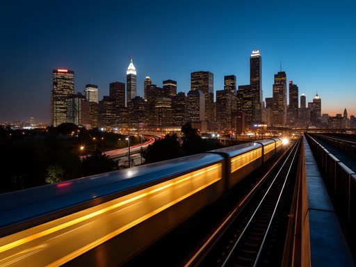 Downtown Los Angeles skyline at night viewed from Metro platform