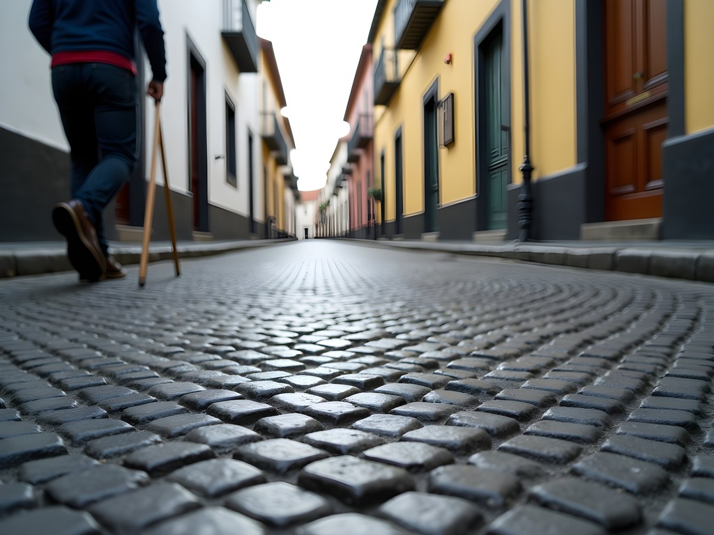 Traditional black and white cobblestone streets in Funchal, Madeira with steep incline