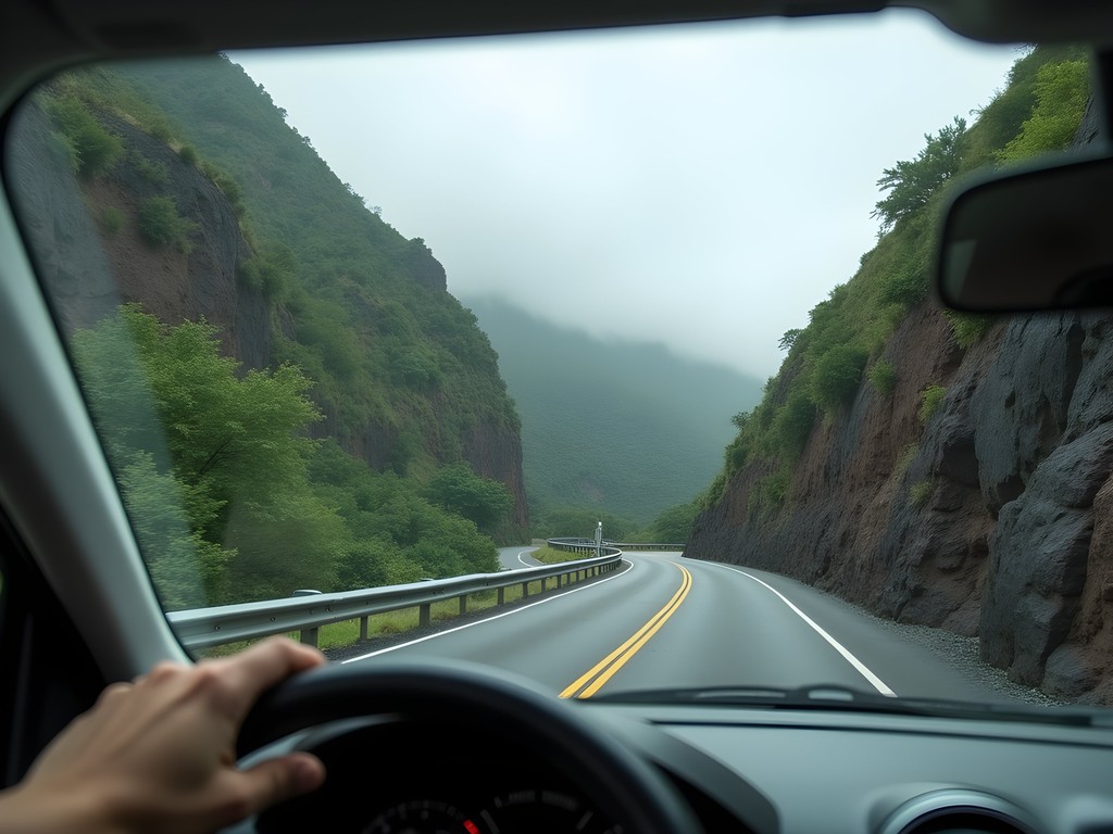 Narrow winding mountain road in Madeira with small rental car