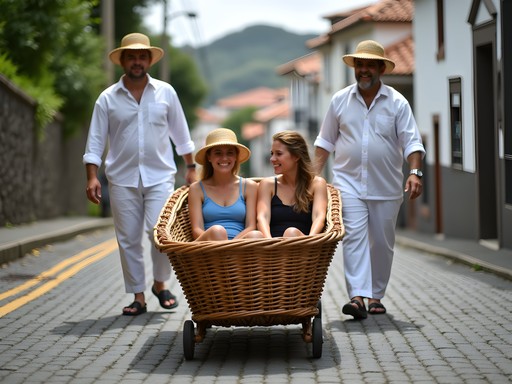 Traditional wicker toboggan ride in Monte, Madeira with carreiros in white uniforms