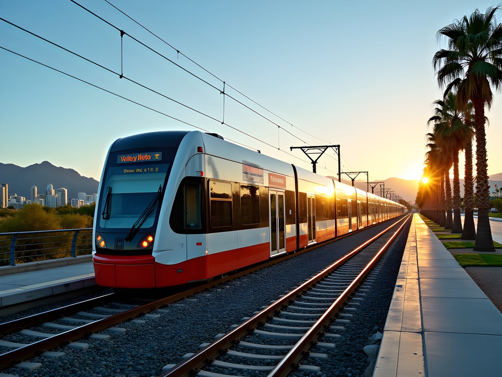 Phoenix Valley Metro Light Rail with desert landscape and modern city skyline