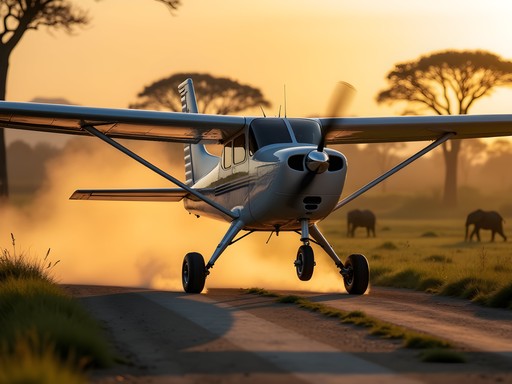 Small charter plane landing on dirt airstrip at Mana Pools with wildlife visible nearby