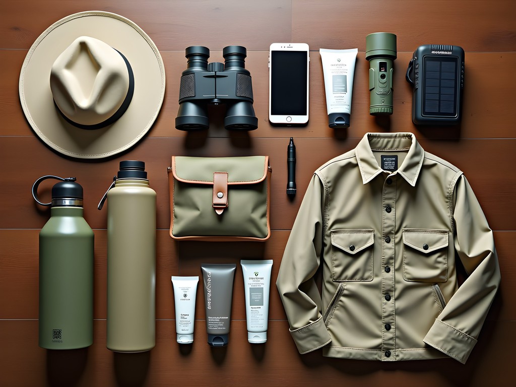 Essential safari travel items laid out for packing including specialized gear for remote Zimbabwe travel