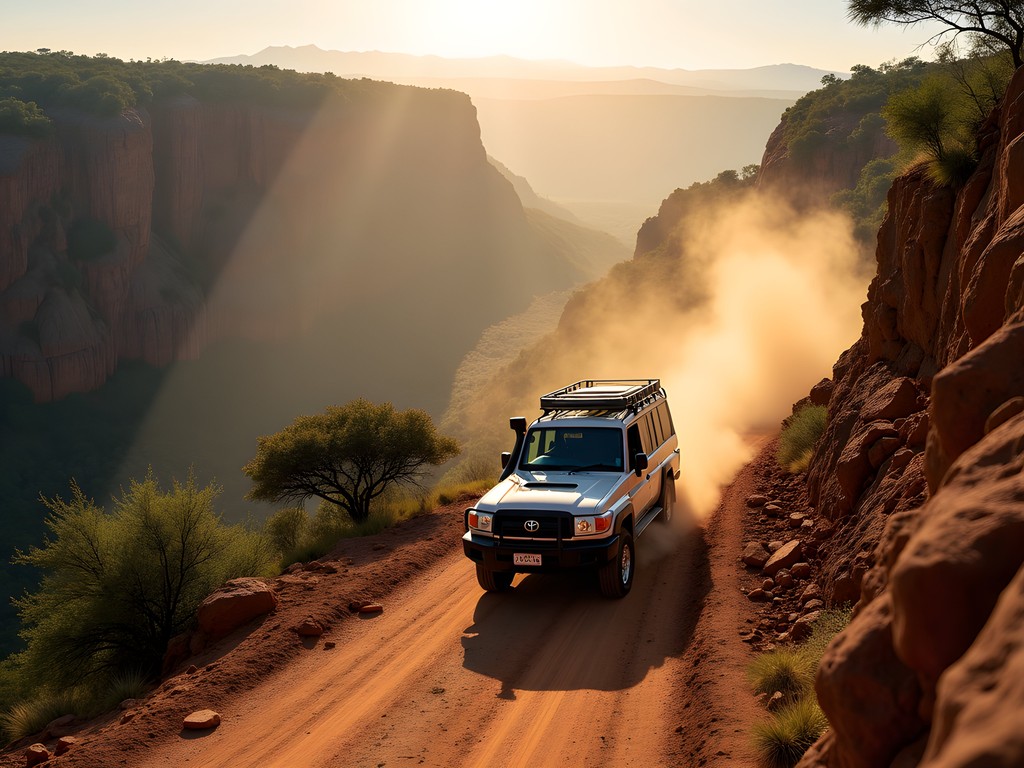 4x4 vehicle navigating rugged dirt road descending Zambezi escarpment toward Mana Pools