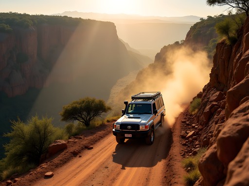 4x4 vehicle navigating rugged dirt road descending Zambezi escarpment toward Mana Pools