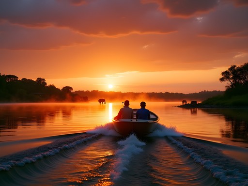 Luxury boat transfer on Zambezi River approaching safari camp at sunset with wildlife visible on shoreline