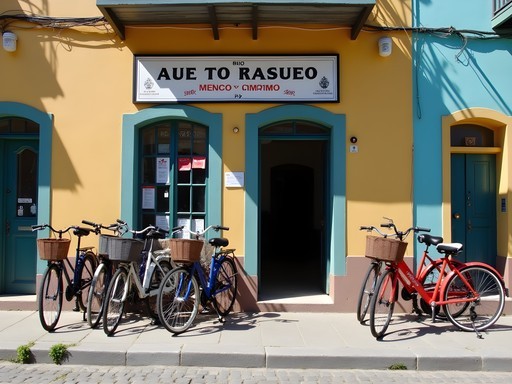 Bicycle rental shop in Melo with colorful bikes lined up outside a small storefront