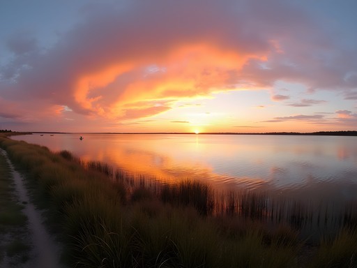 Sunset view over Lago Merín on the Uruguay-Brazil border with calm waters and distant shoreline